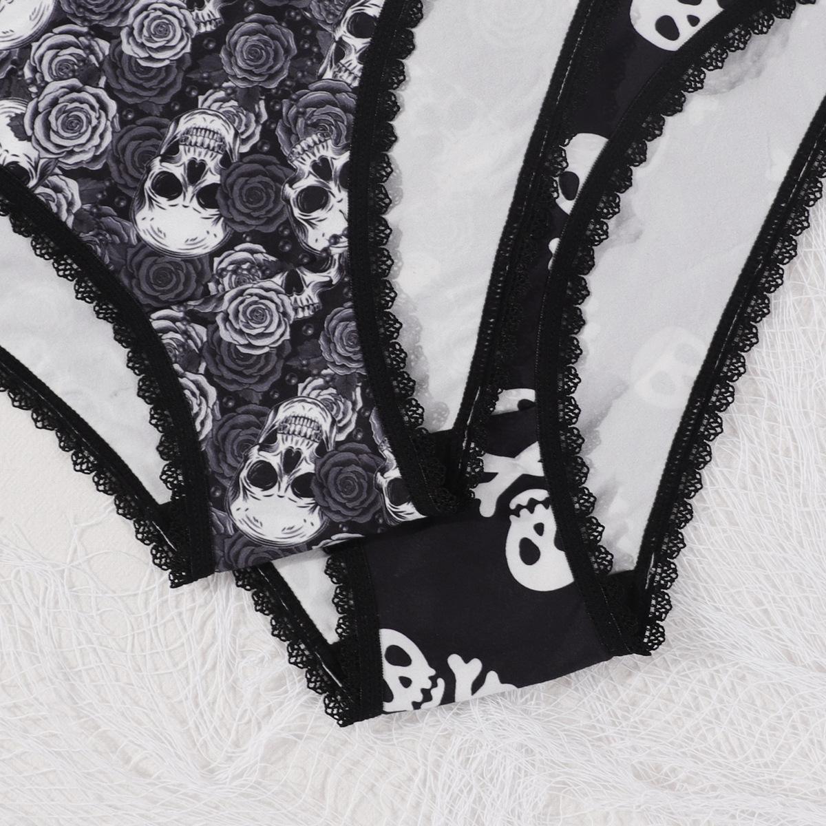 (image for) Women's Halloween Skull Rose Print Low Rise Triangle Briefs Lace Trim Seamless Waist Ultra-Thin Sexy Sheer Everyday Panties