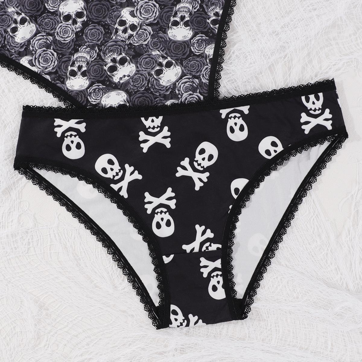 (image for) Women's Halloween Skull Rose Print Low Rise Triangle Briefs Lace Trim Seamless Waist Ultra-Thin Sexy Sheer Everyday Panties