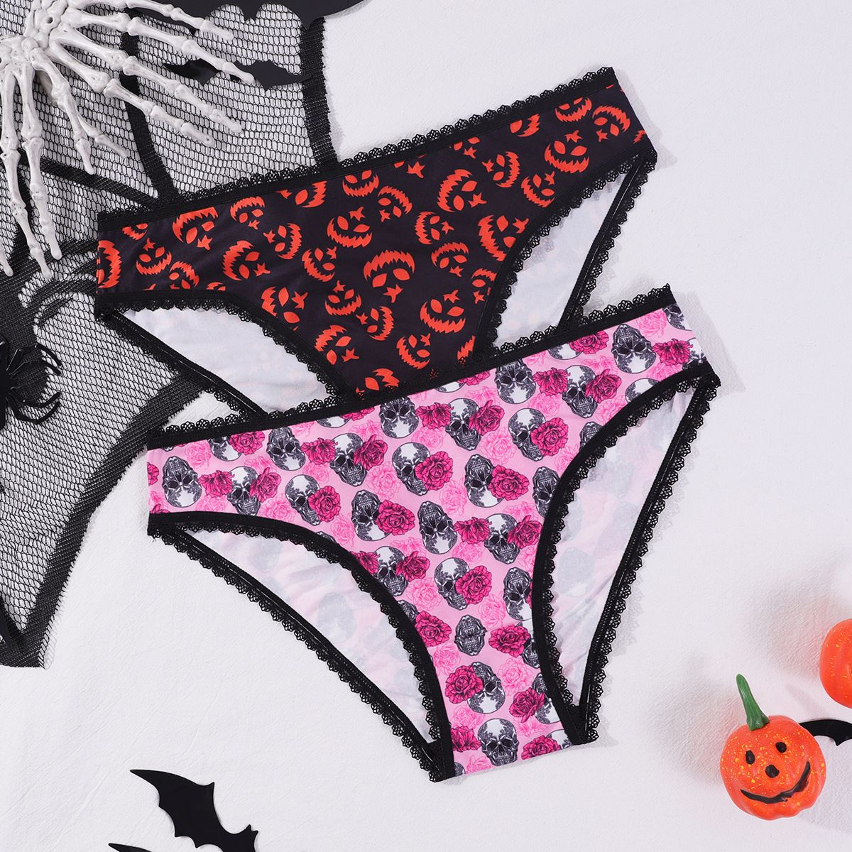 (image for) Women's Halloween Print Low Rise Lace Trim Brief Seamless Invisible No-Show Breathable Festive Intimate Panty