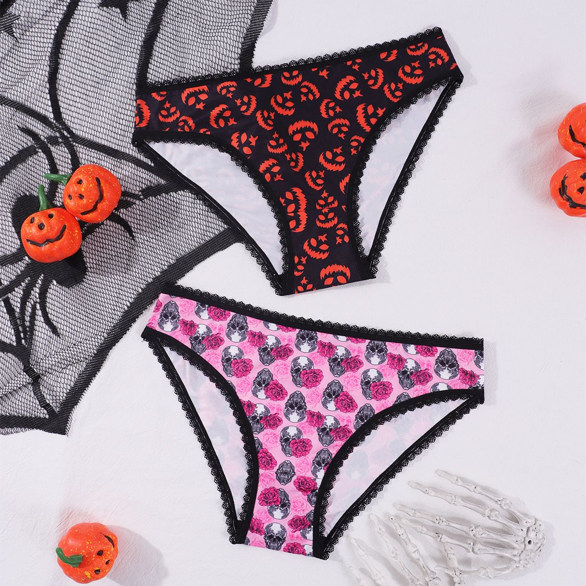 (image for) Women's Halloween Print Low Rise Lace Trim Brief Seamless Invisible No-Show Breathable Festive Intimate Panty