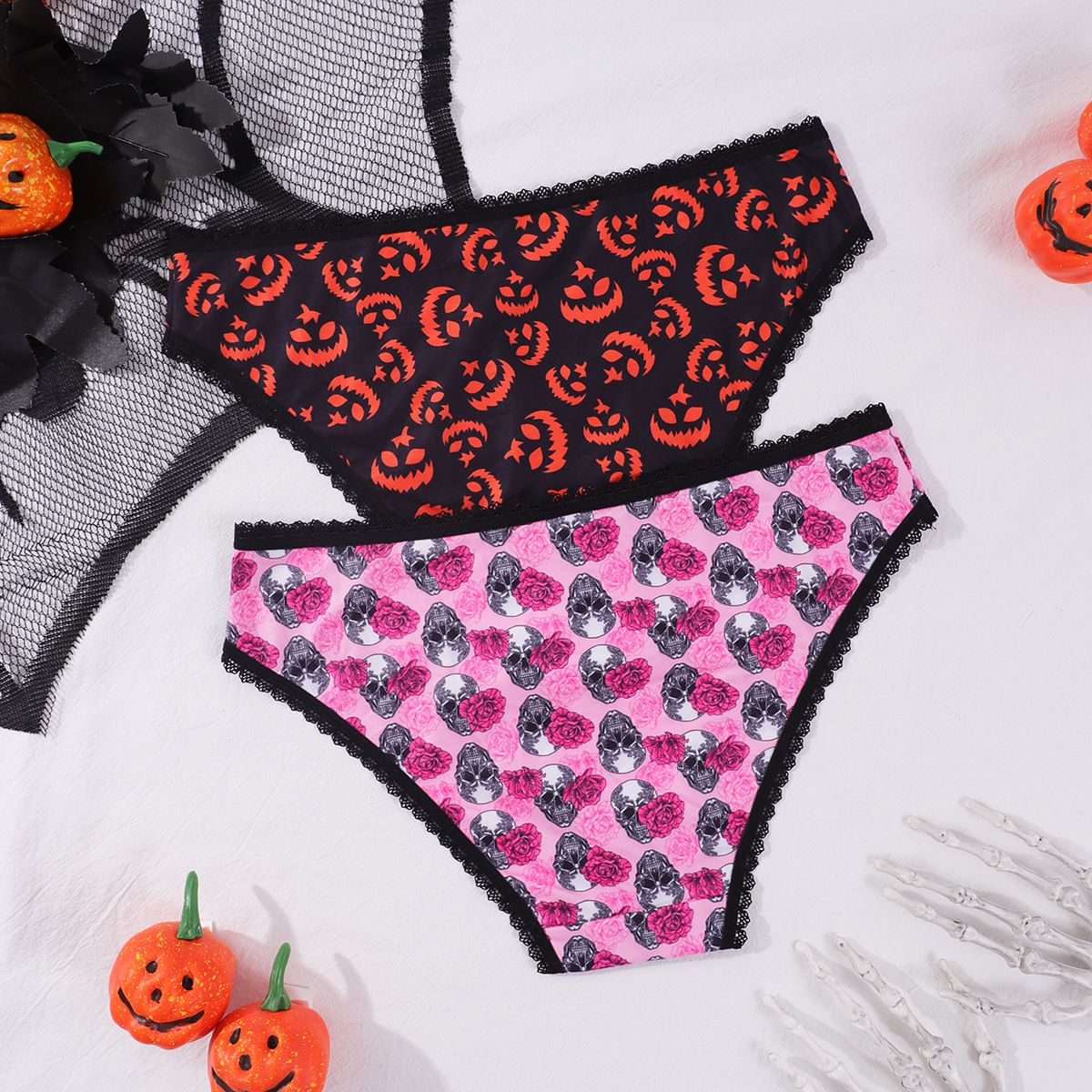 (image for) Women's Halloween Print Low Rise Lace Trim Brief Seamless Invisible No-Show Breathable Festive Intimate Panty