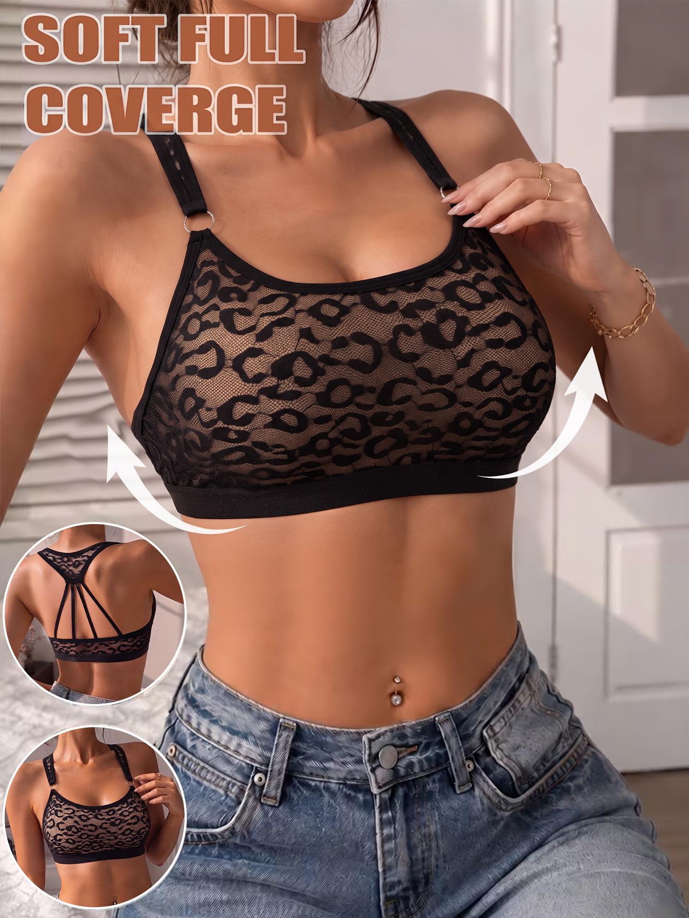 (image for) Women's Leopard Lace Racerback Bralette Full Coverage Wirefree Soft Support Breathable Sexy Everyday Lingerie Winter 2026