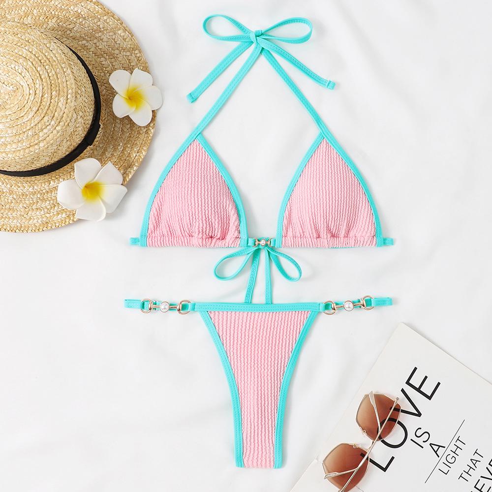 (image for) Women Contrast Trim Ring Detail Halter Triangle Bikini Set Swimwear