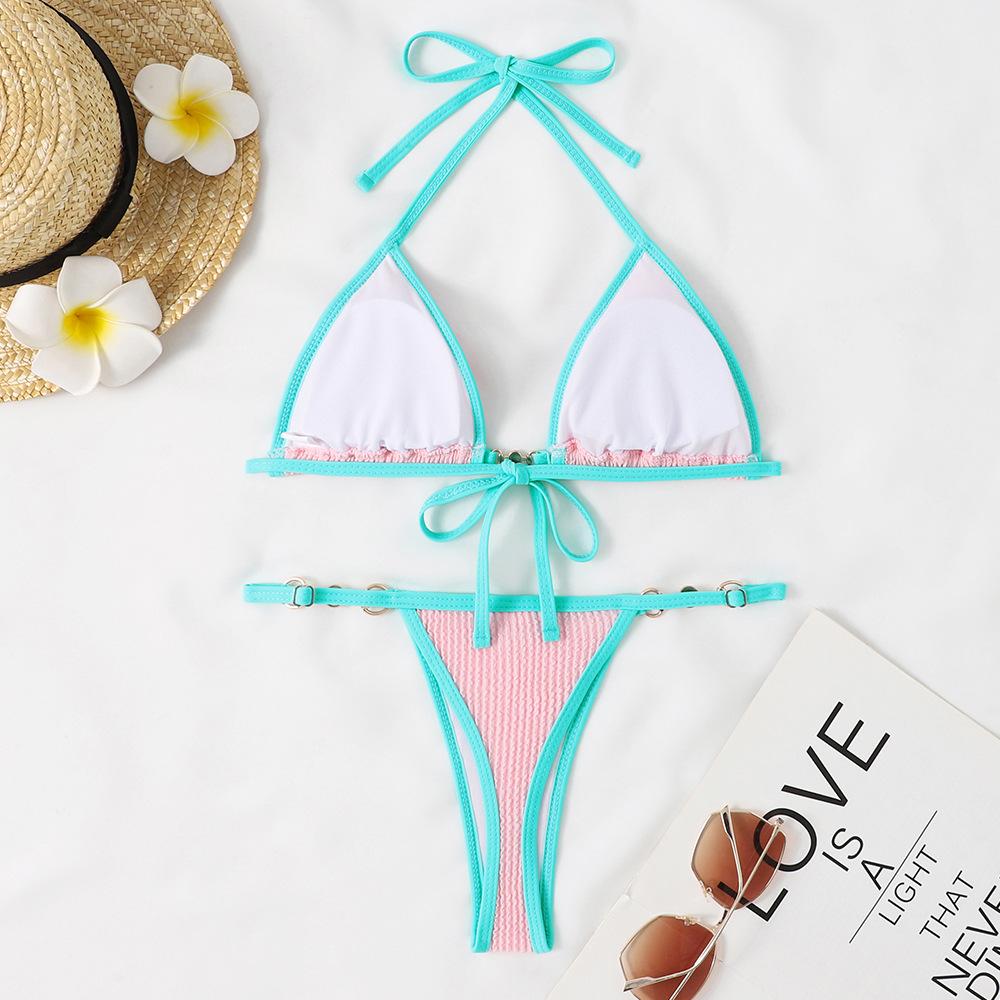 (image for) Women Contrast Trim Ring Detail Halter Triangle Bikini Set Swimwear