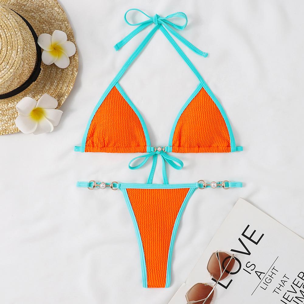 (image for) Women Contrast Trim Ring Detail Halter Triangle Bikini Set Swimwear