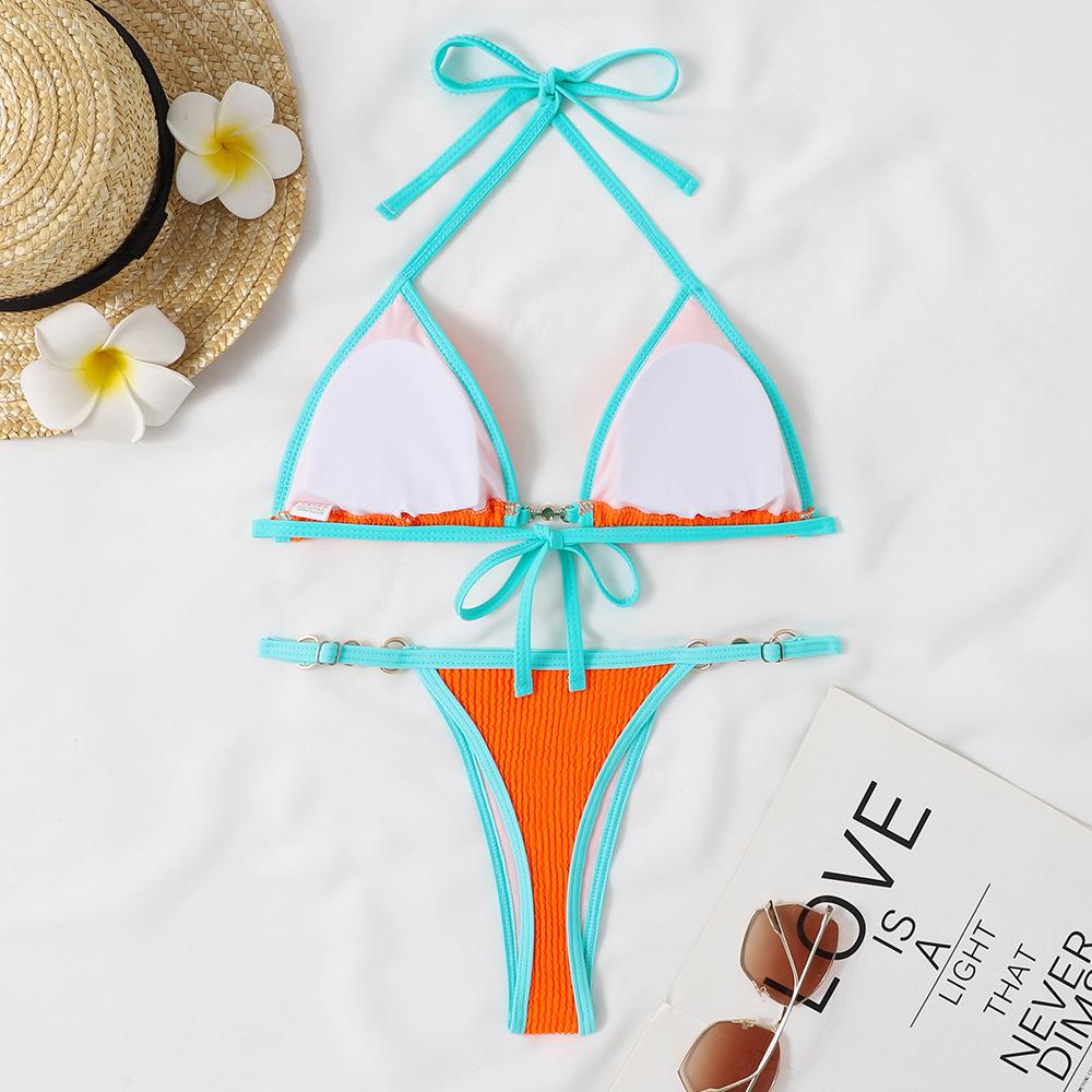 (image for) Women Contrast Trim Ring Detail Halter Triangle Bikini Set Swimwear