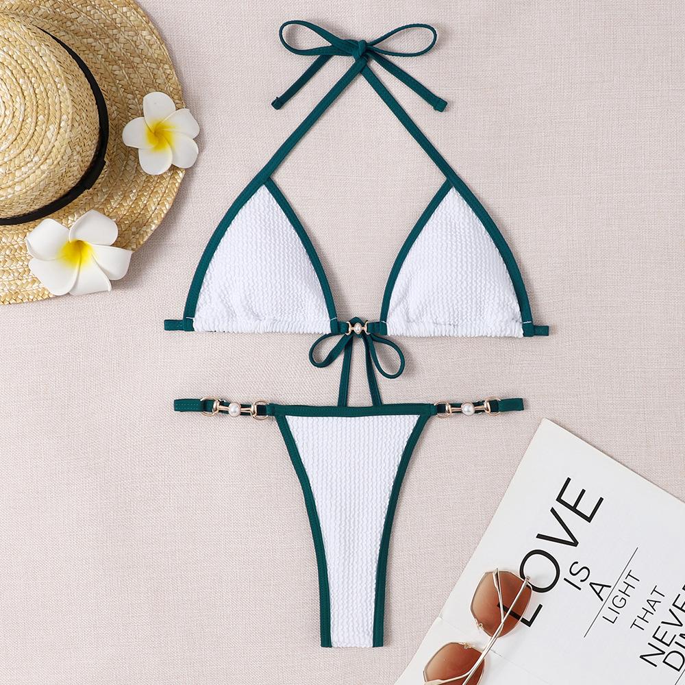 (image for) Women Contrast Trim Ring Detail Halter Triangle Bikini Set Swimwear