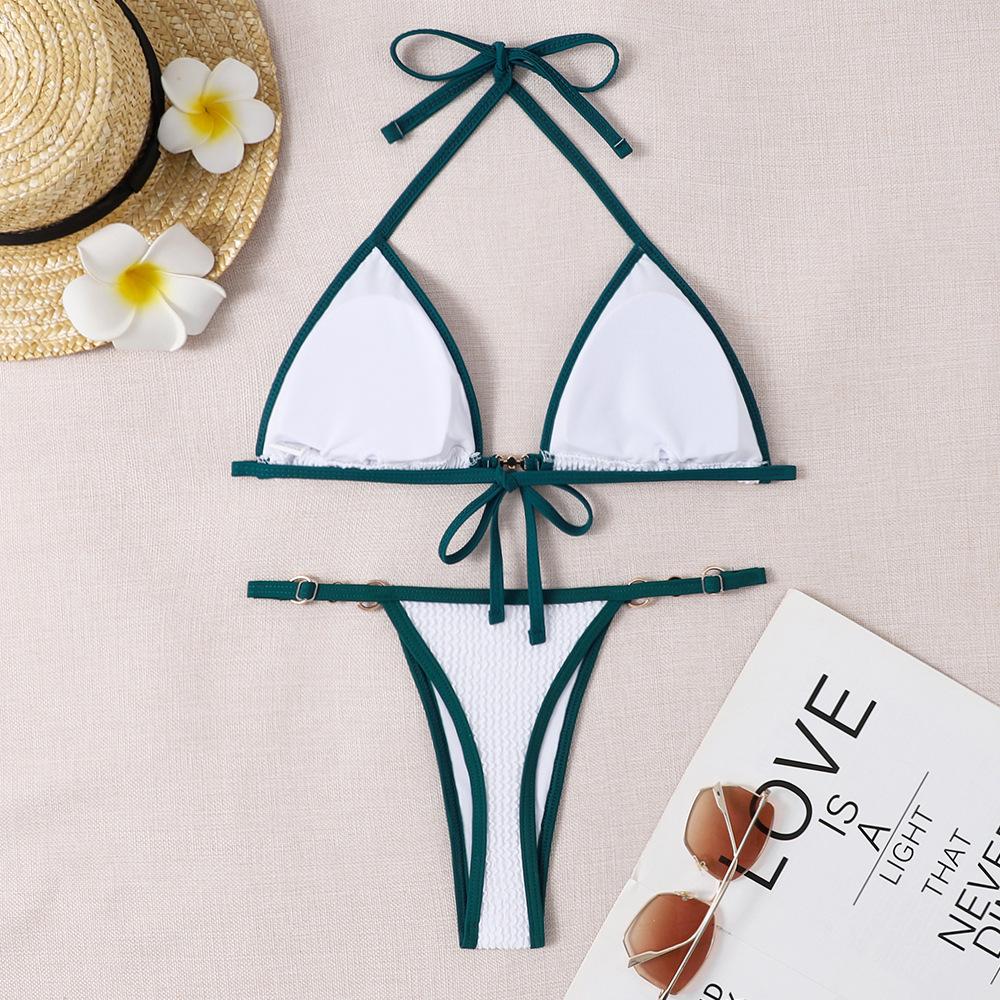 (image for) Women Contrast Trim Ring Detail Halter Triangle Bikini Set Swimwear