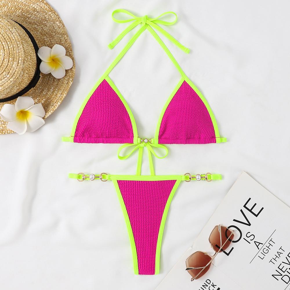 (image for) Women Contrast Trim Ring Detail Halter Triangle Bikini Set Swimwear