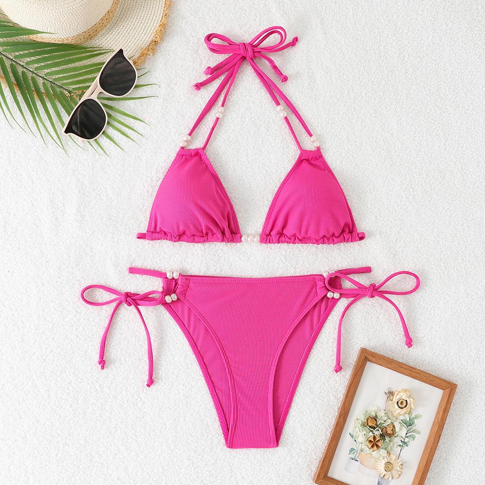 (image for) Women Pearl Beaded Triangle Bikini Set Tie Side Swimwear