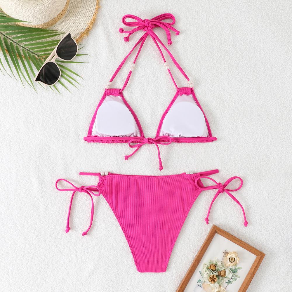 (image for) Women Pearl Beaded Triangle Bikini Set Tie Side Swimwear