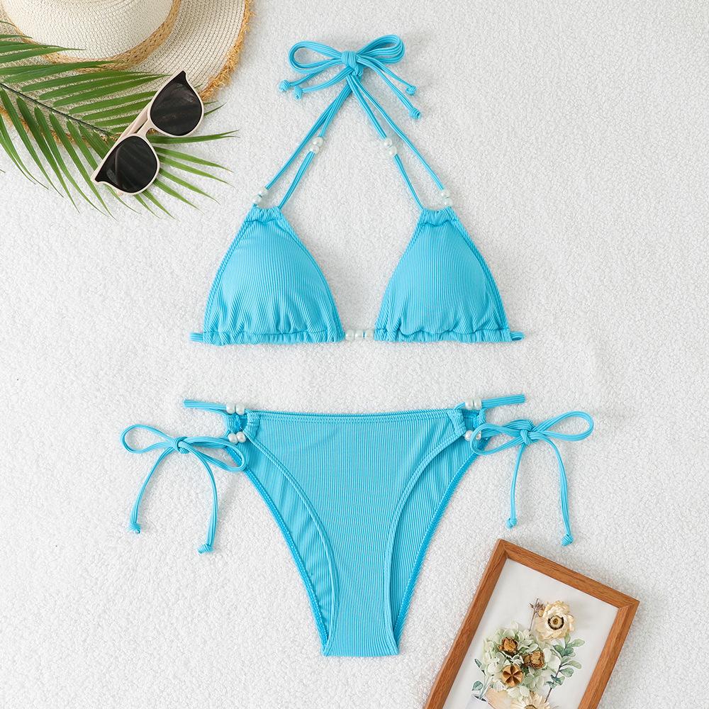 (image for) Women Pearl Beaded Triangle Bikini Set Tie Side Swimwear