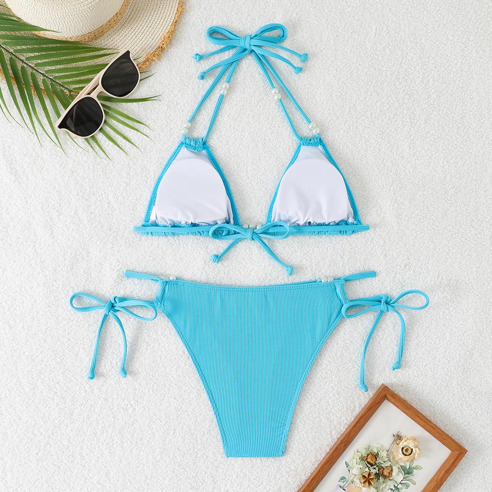 (image for) Women Pearl Beaded Triangle Bikini Set Tie Side Swimwear