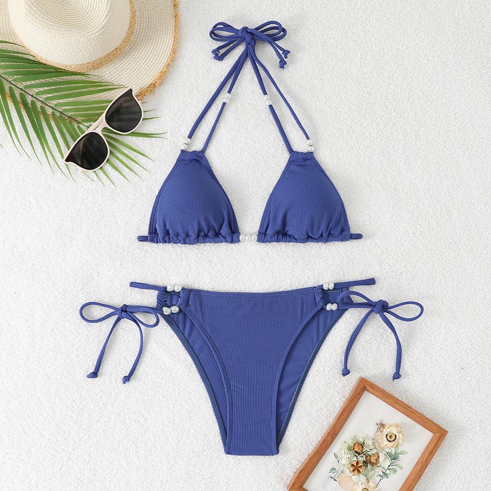 (image for) Women Pearl Beaded Triangle Bikini Set Tie Side Swimwear