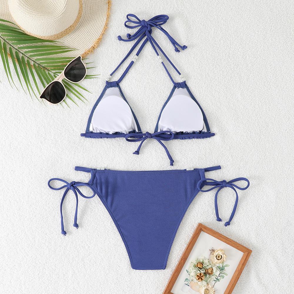 (image for) Women Pearl Beaded Triangle Bikini Set Tie Side Swimwear