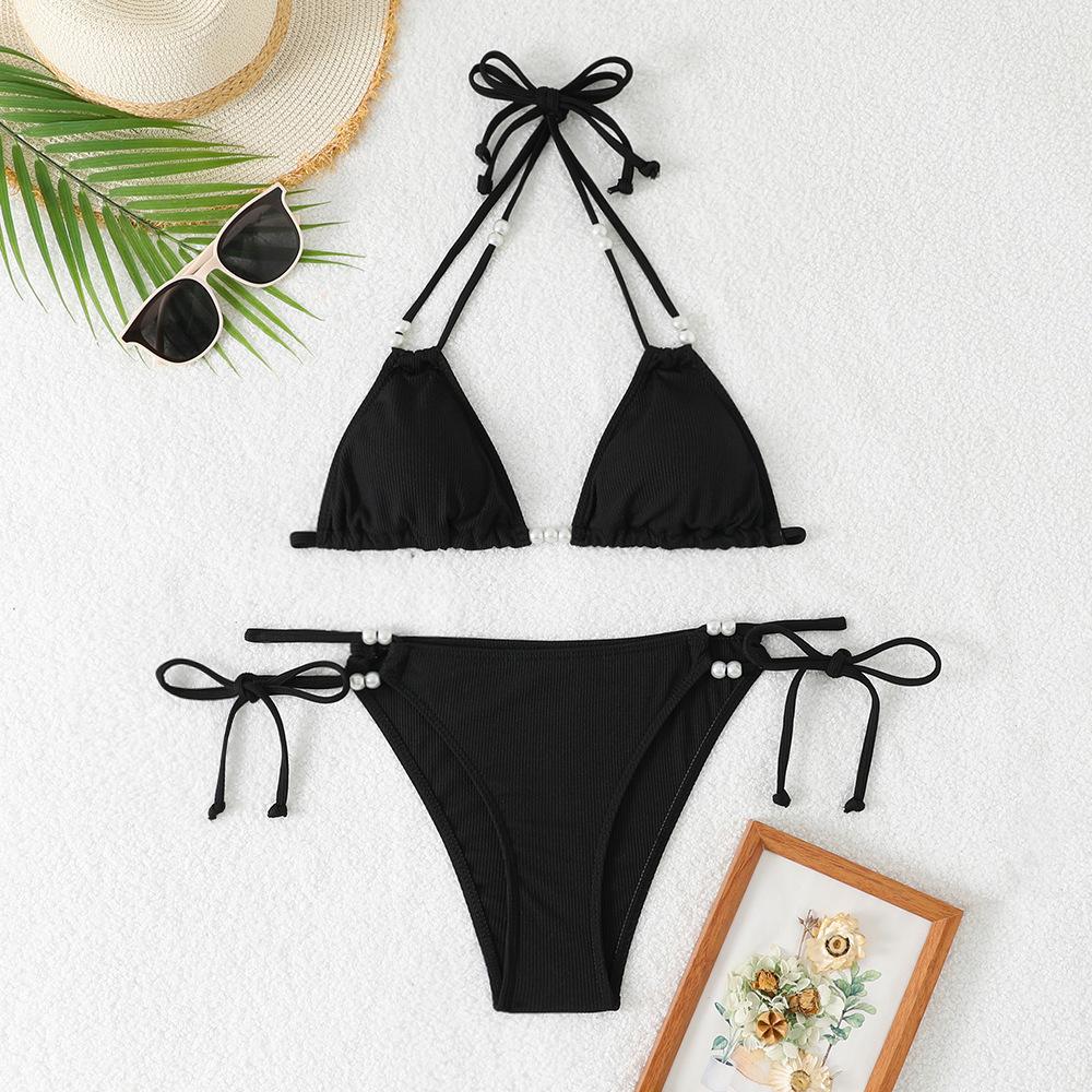 (image for) Women Pearl Beaded Triangle Bikini Set Tie Side Swimwear