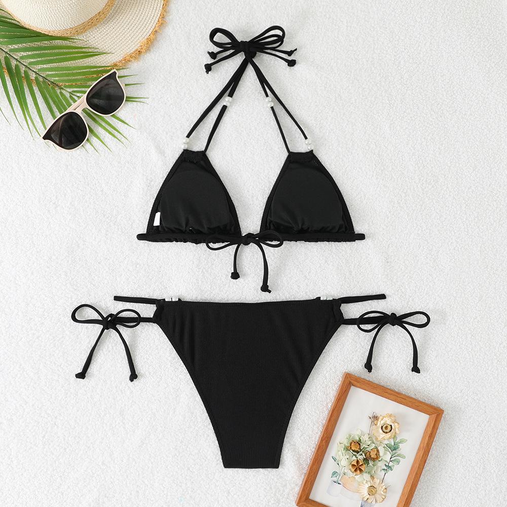 (image for) Women Pearl Beaded Triangle Bikini Set Tie Side Swimwear