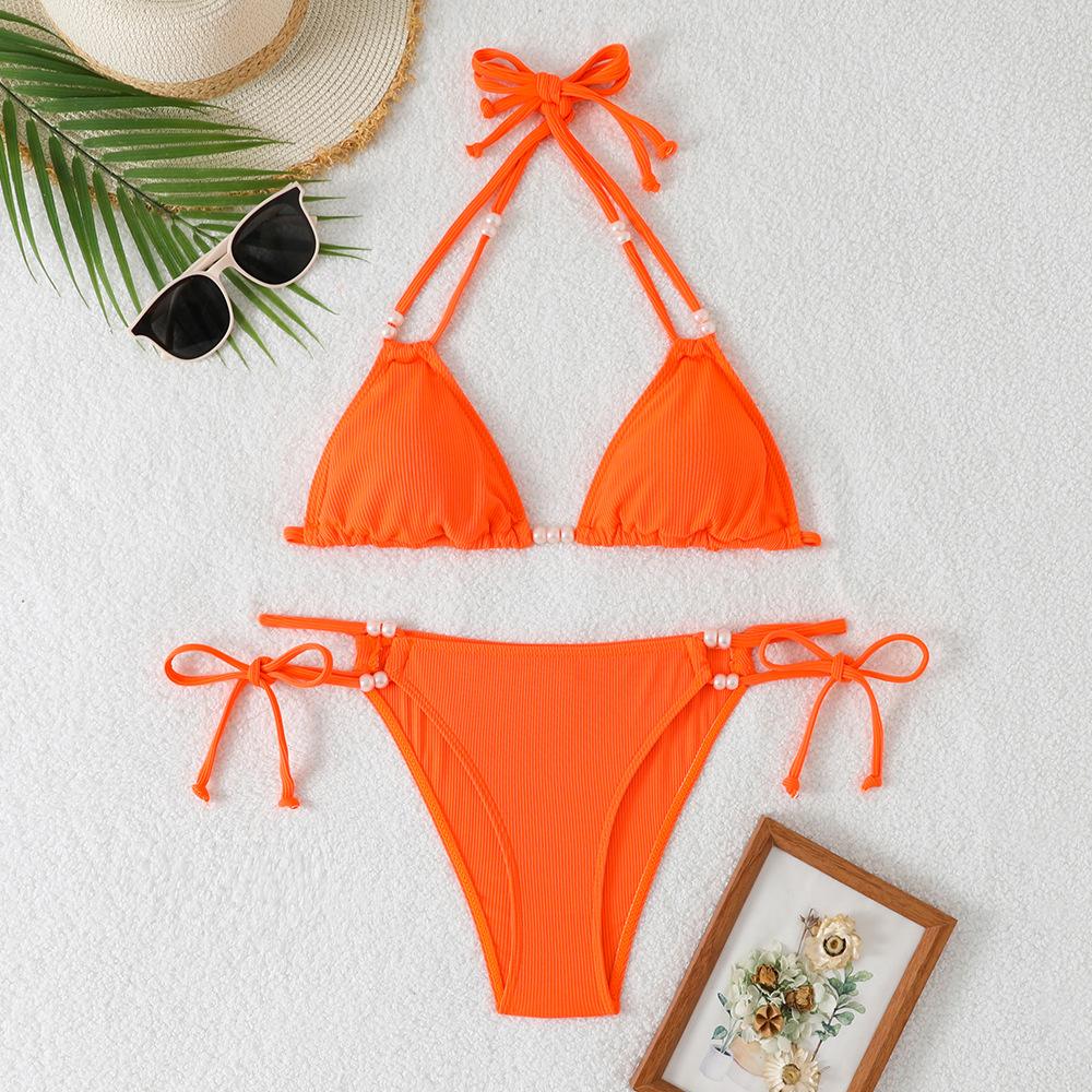 (image for) Women Pearl Beaded Triangle Bikini Set Tie Side Swimwear