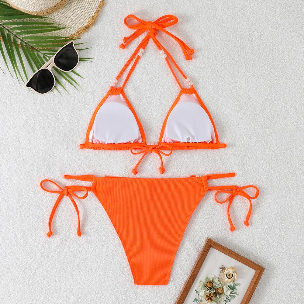 (image for) Women Pearl Beaded Triangle Bikini Set Tie Side Swimwear