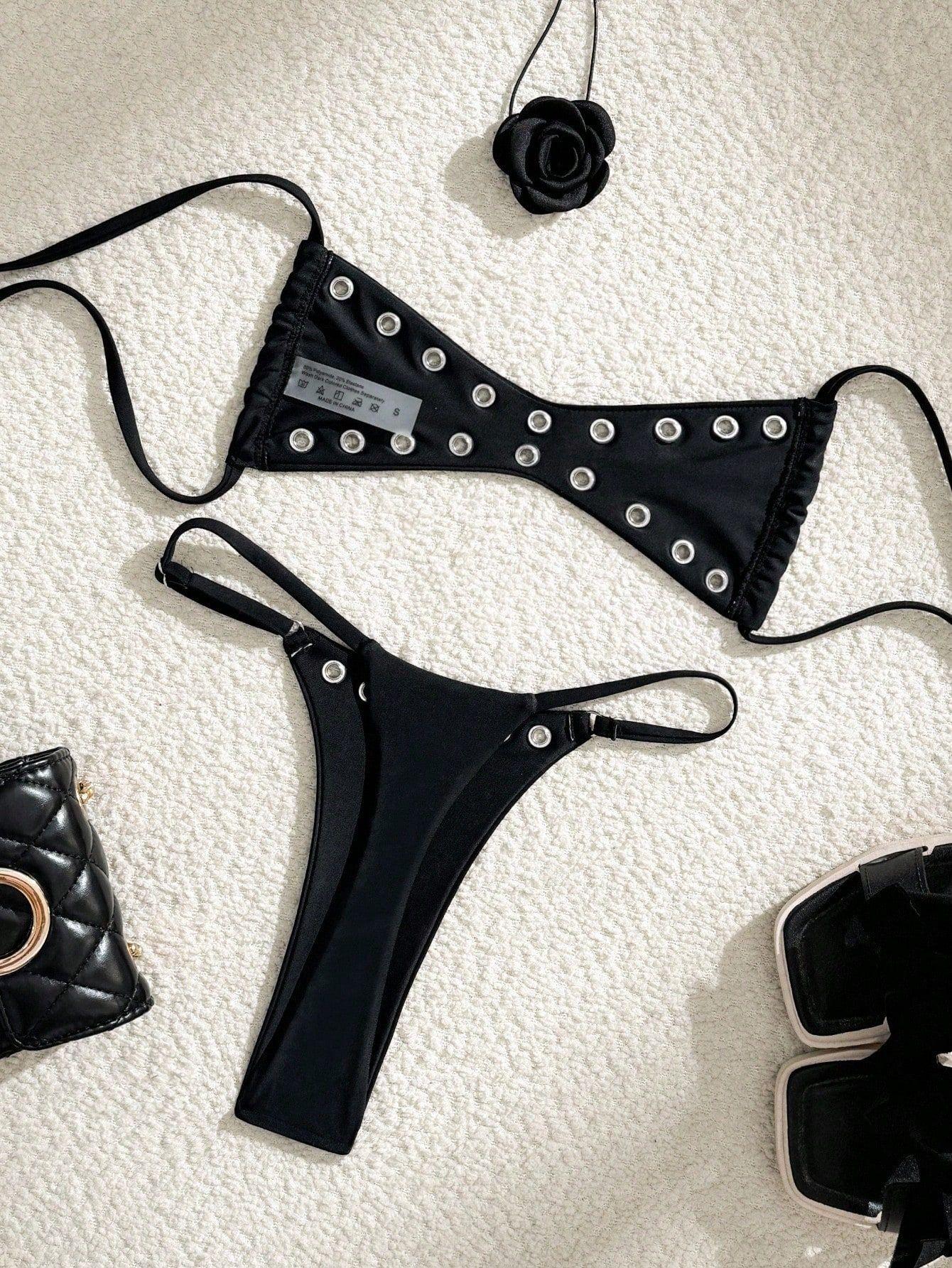(image for) Women Eyelet Rivet Detail Micro Bikini Set Spaghetti Strap High Cut Thong Sexy Y2K Spicy Girl Style Two Piece Swimwear