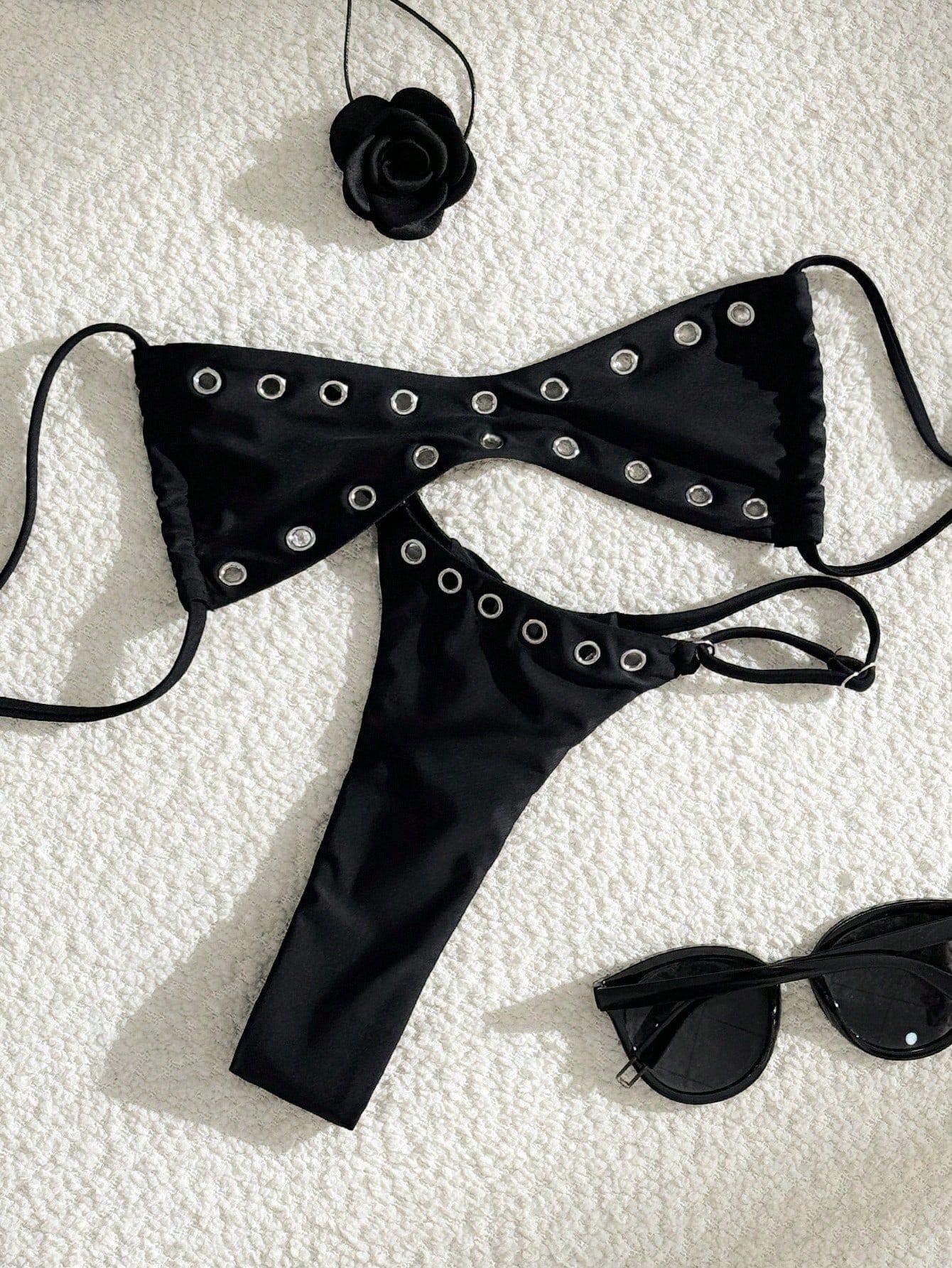 (image for) Women Eyelet Rivet Detail Micro Bikini Set Spaghetti Strap High Cut Thong Sexy Y2K Spicy Girl Style Two Piece Swimwear