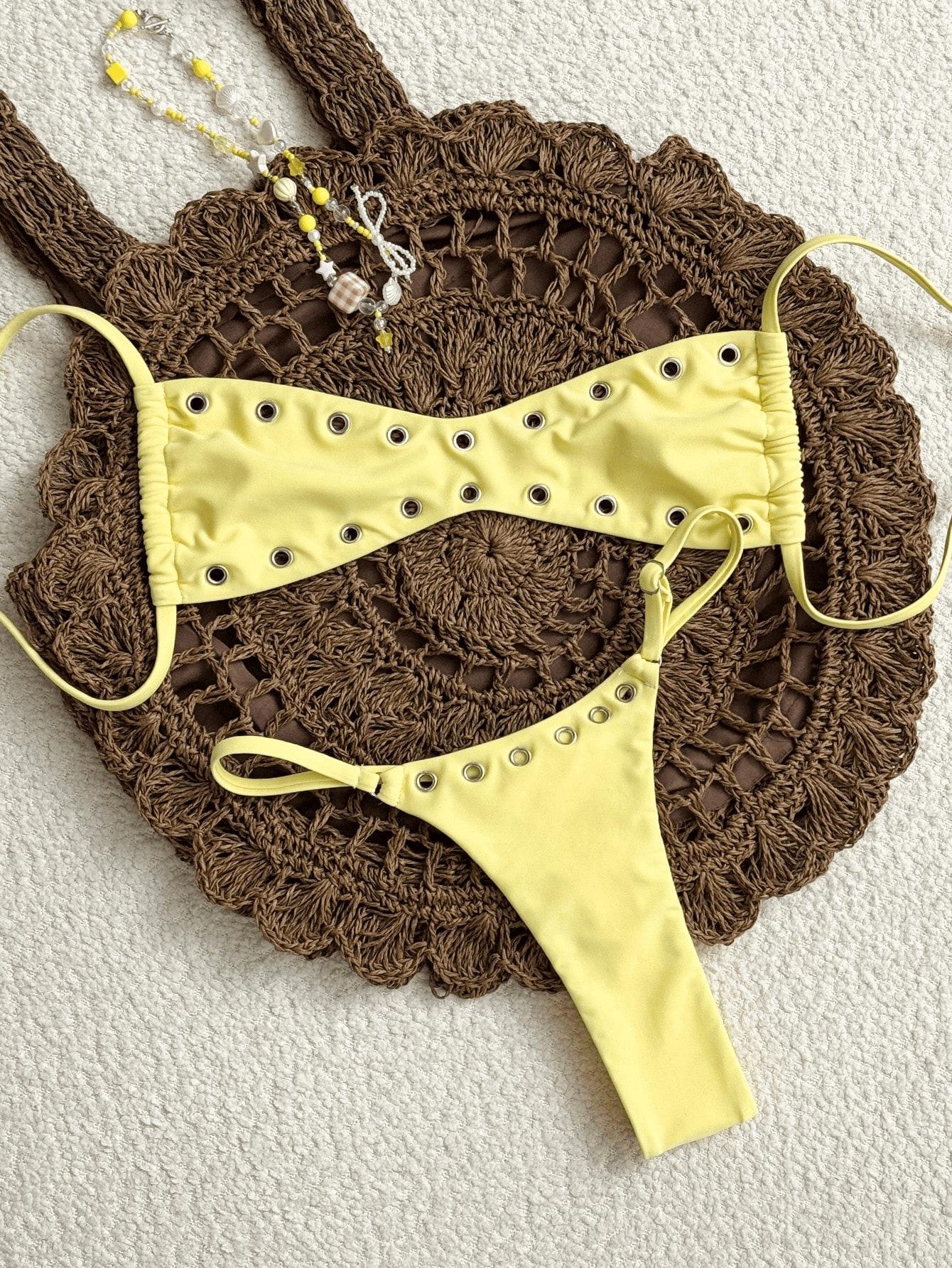 (image for) Women Eyelet Rivet Detail Micro Bikini Set Spaghetti Strap High Cut Thong Sexy Y2K Spicy Girl Style Two Piece Swimwear