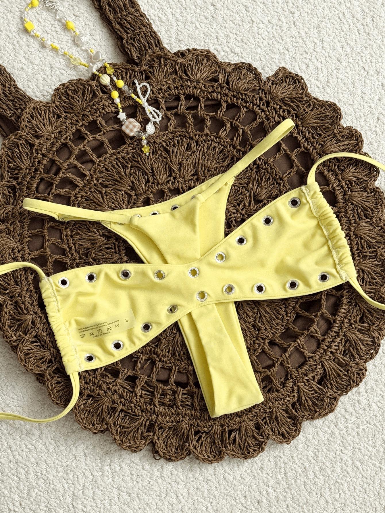 (image for) Women Eyelet Rivet Detail Micro Bikini Set Spaghetti Strap High Cut Thong Sexy Y2K Spicy Girl Style Two Piece Swimwear