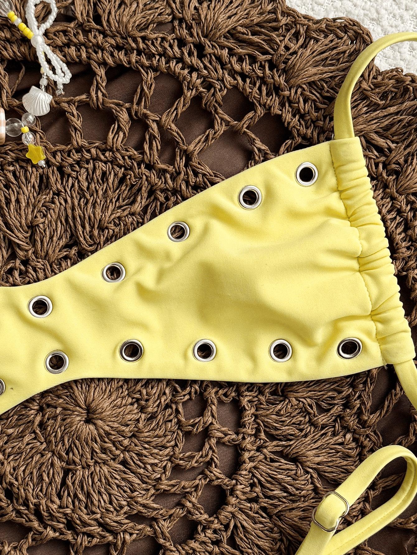 (image for) Women Eyelet Rivet Detail Micro Bikini Set Spaghetti Strap High Cut Thong Sexy Y2K Spicy Girl Style Two Piece Swimwear