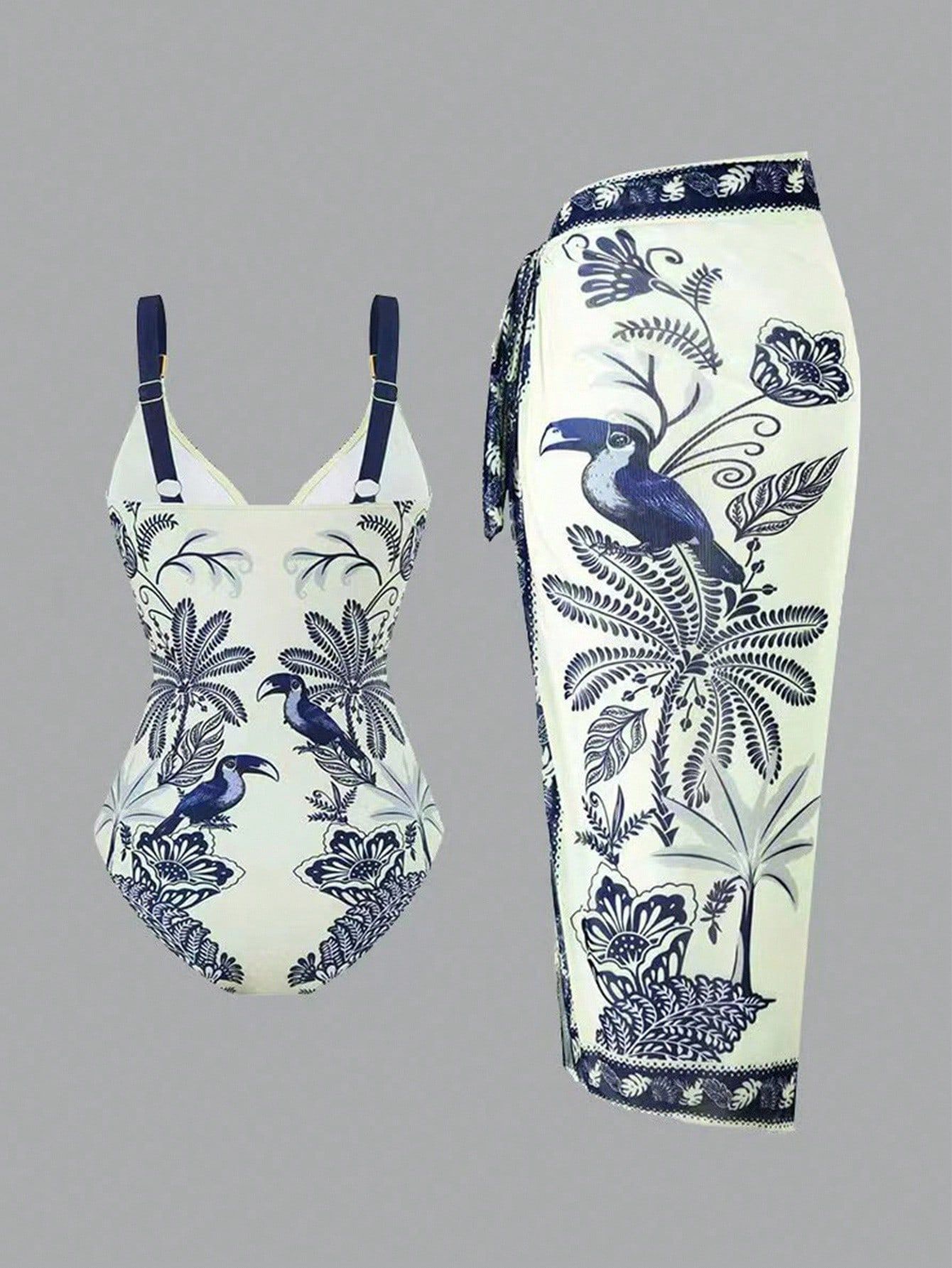 (image for) Women Blue White Botanical Print One Piece Swimsuit with Maxi Sarong Wrap Skirt 2 Piece Set Padded Luxury Resort Swimwear