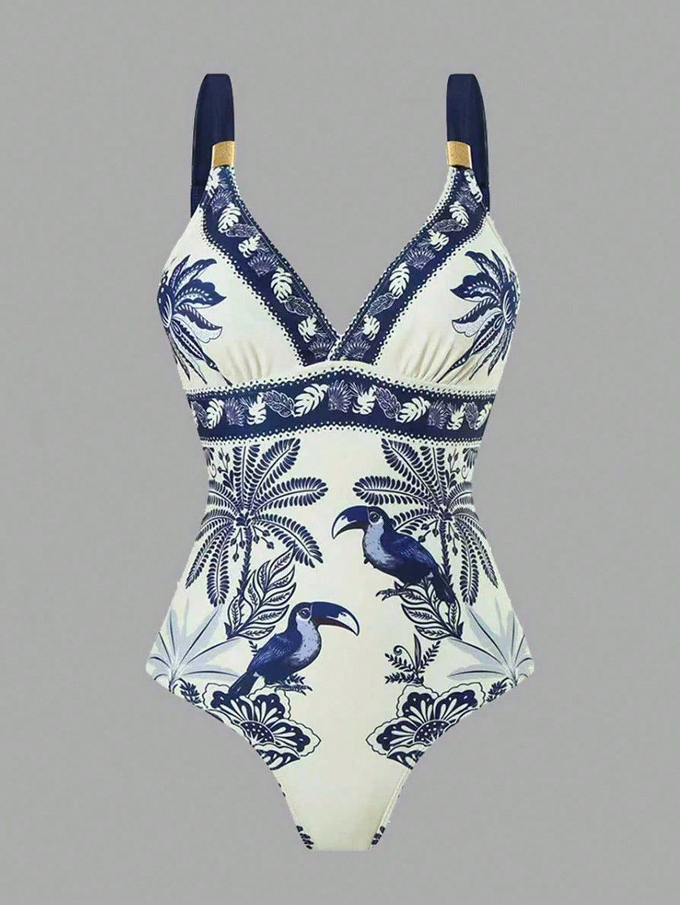 (image for) Women Blue White Botanical Print One Piece Swimsuit with Maxi Sarong Wrap Skirt 2 Piece Set Padded Luxury Resort Swimwear