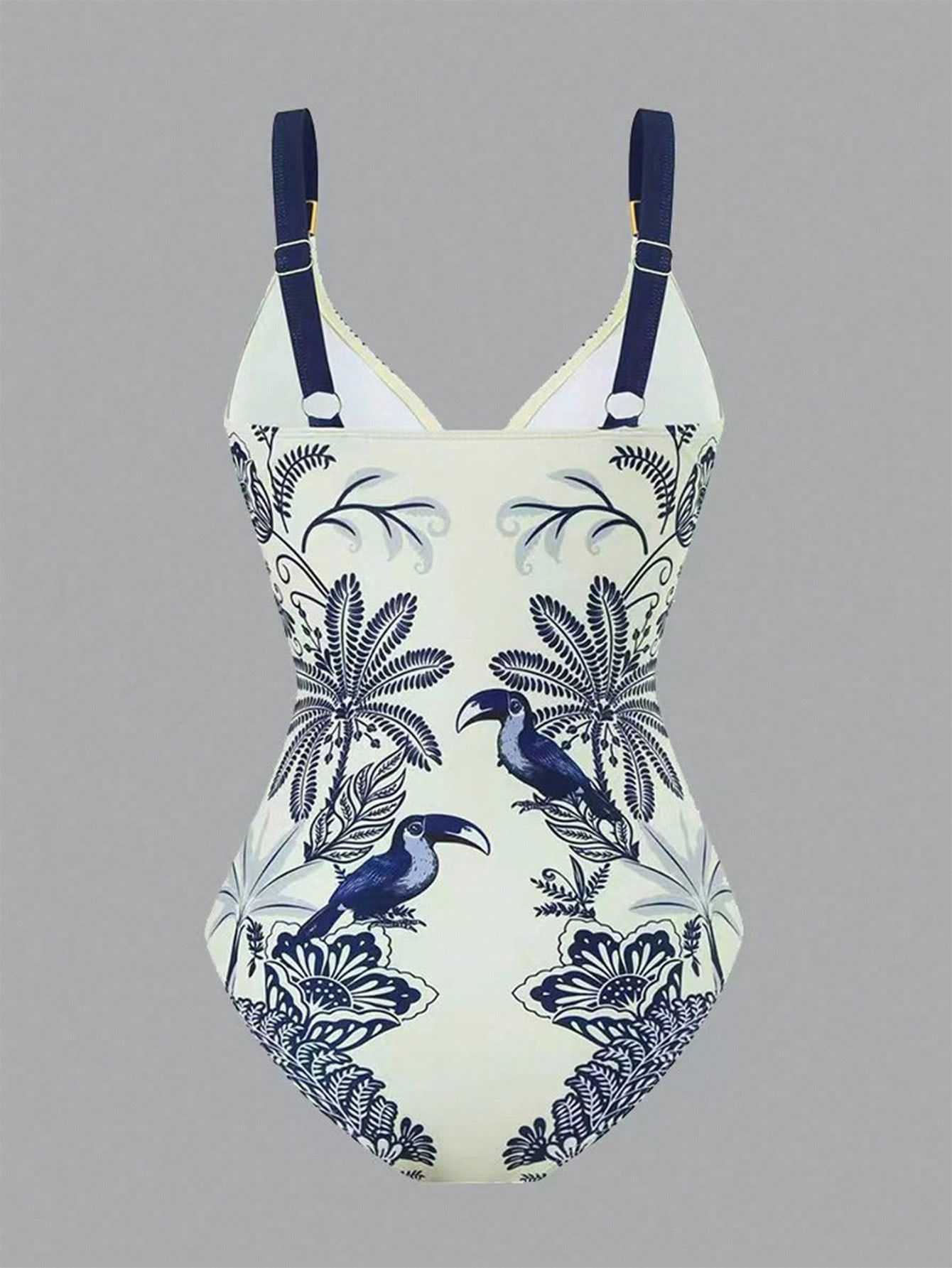 (image for) Women Blue White Botanical Print One Piece Swimsuit with Maxi Sarong Wrap Skirt 2 Piece Set Padded Luxury Resort Swimwear