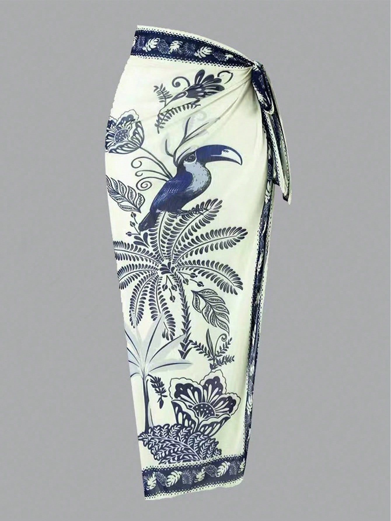 (image for) Women Blue White Botanical Print One Piece Swimsuit with Maxi Sarong Wrap Skirt 2 Piece Set Padded Luxury Resort Swimwear