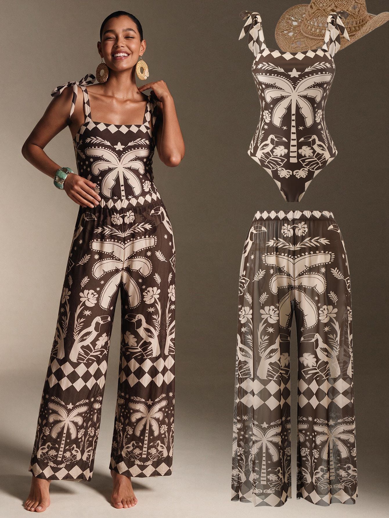 (image for) Women Square Neck Tie Shoulder One Piece Swimsuit with Coconut Palm Geometric Print Wide Leg Pants 2 Piece Premium Resort Beach Swimwear Set