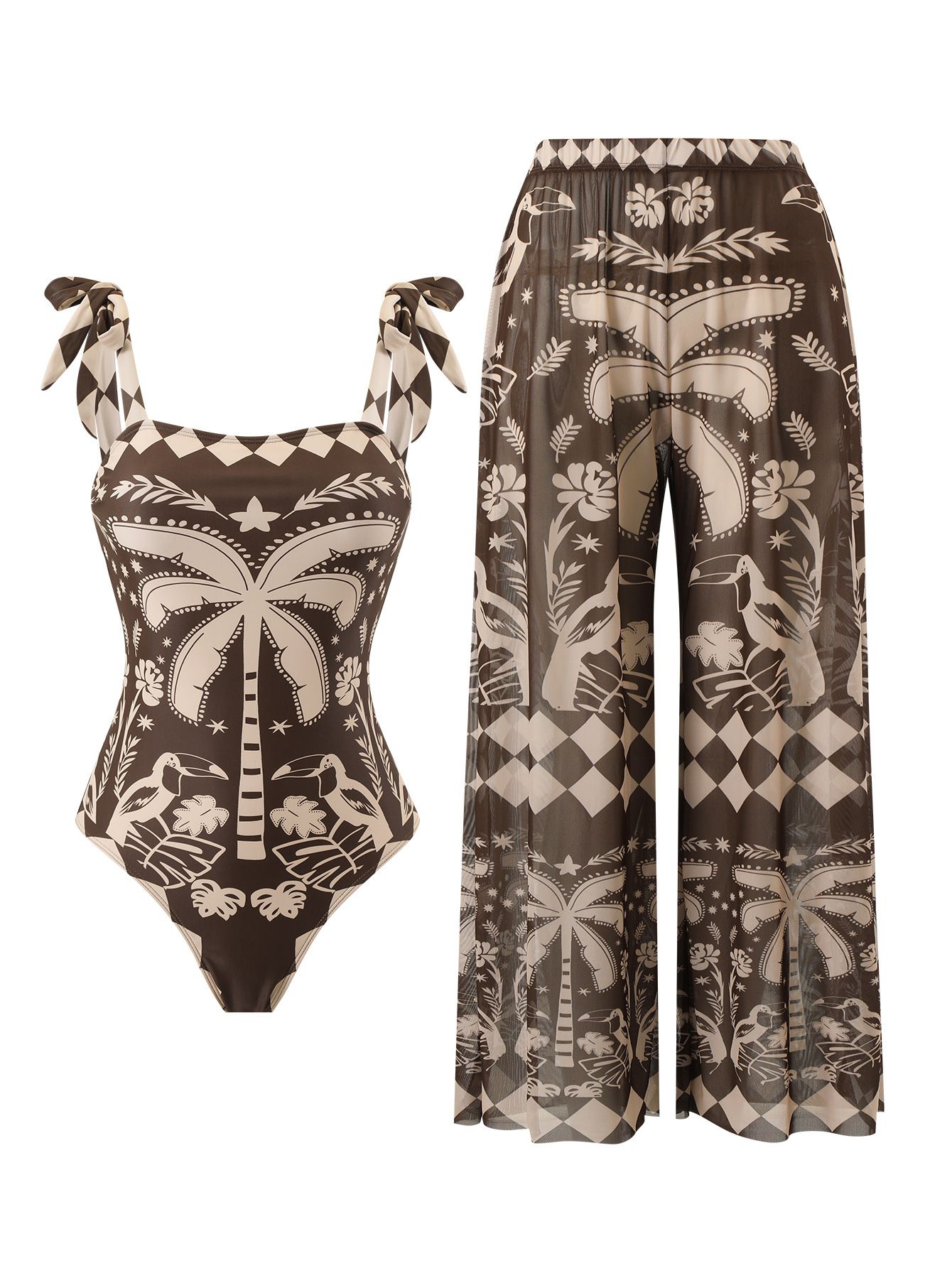 (image for) Women Square Neck Tie Shoulder One Piece Swimsuit with Coconut Palm Geometric Print Wide Leg Pants 2 Piece Premium Resort Beach Swimwear Set