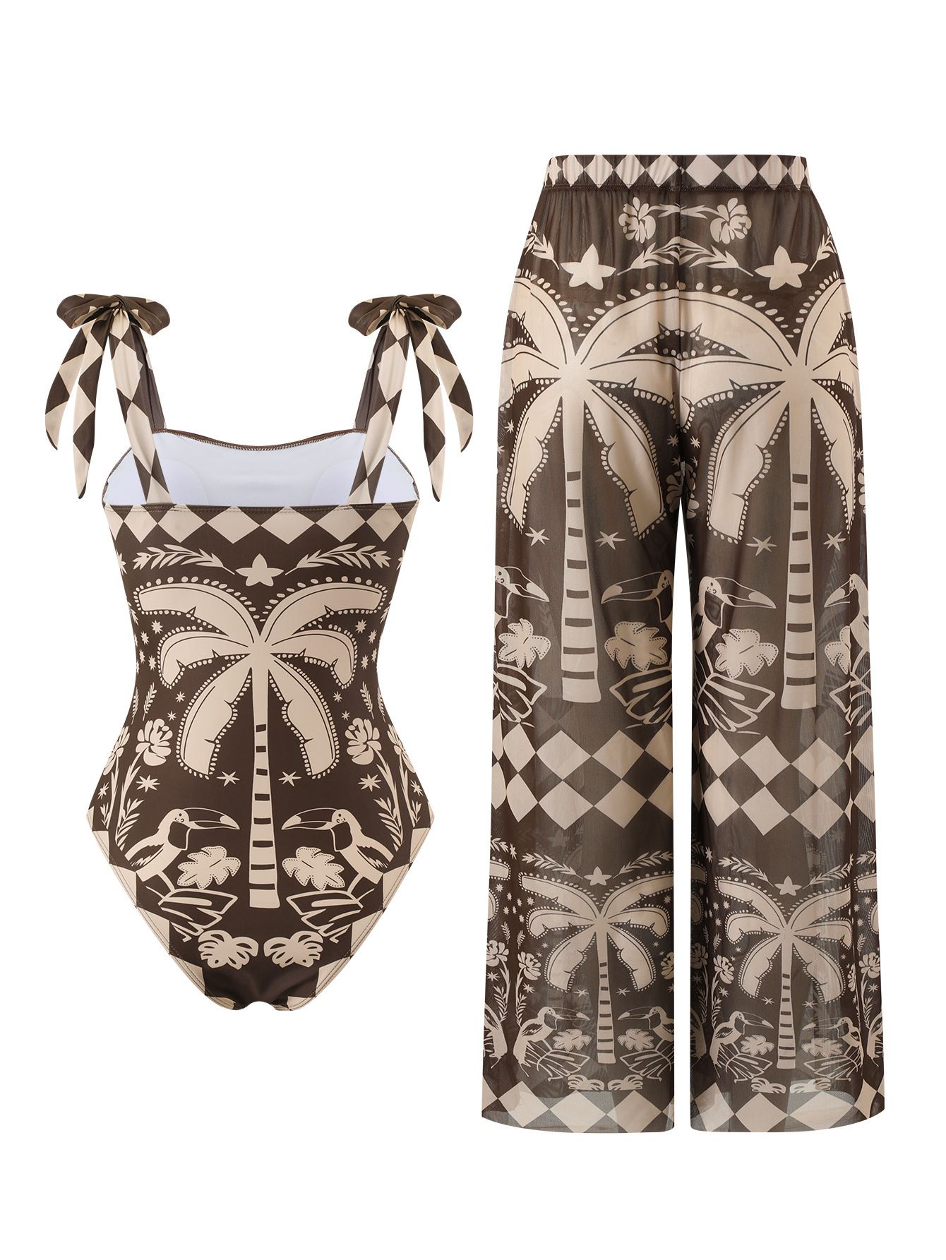 (image for) Women Square Neck Tie Shoulder One Piece Swimsuit with Coconut Palm Geometric Print Wide Leg Pants 2 Piece Premium Resort Beach Swimwear Set