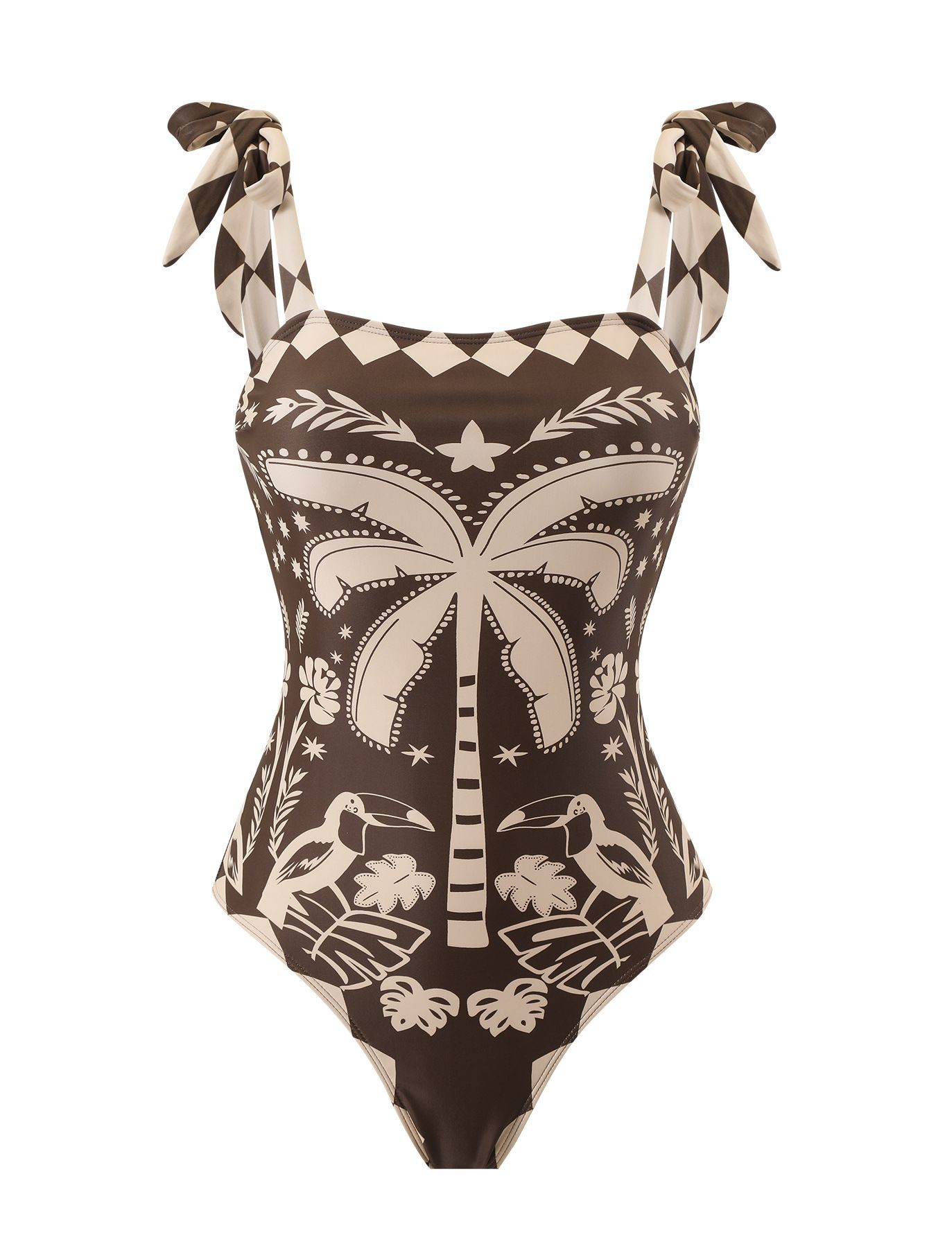 (image for) Women Square Neck Tie Shoulder One Piece Swimsuit with Coconut Palm Geometric Print Wide Leg Pants 2 Piece Premium Resort Beach Swimwear Set