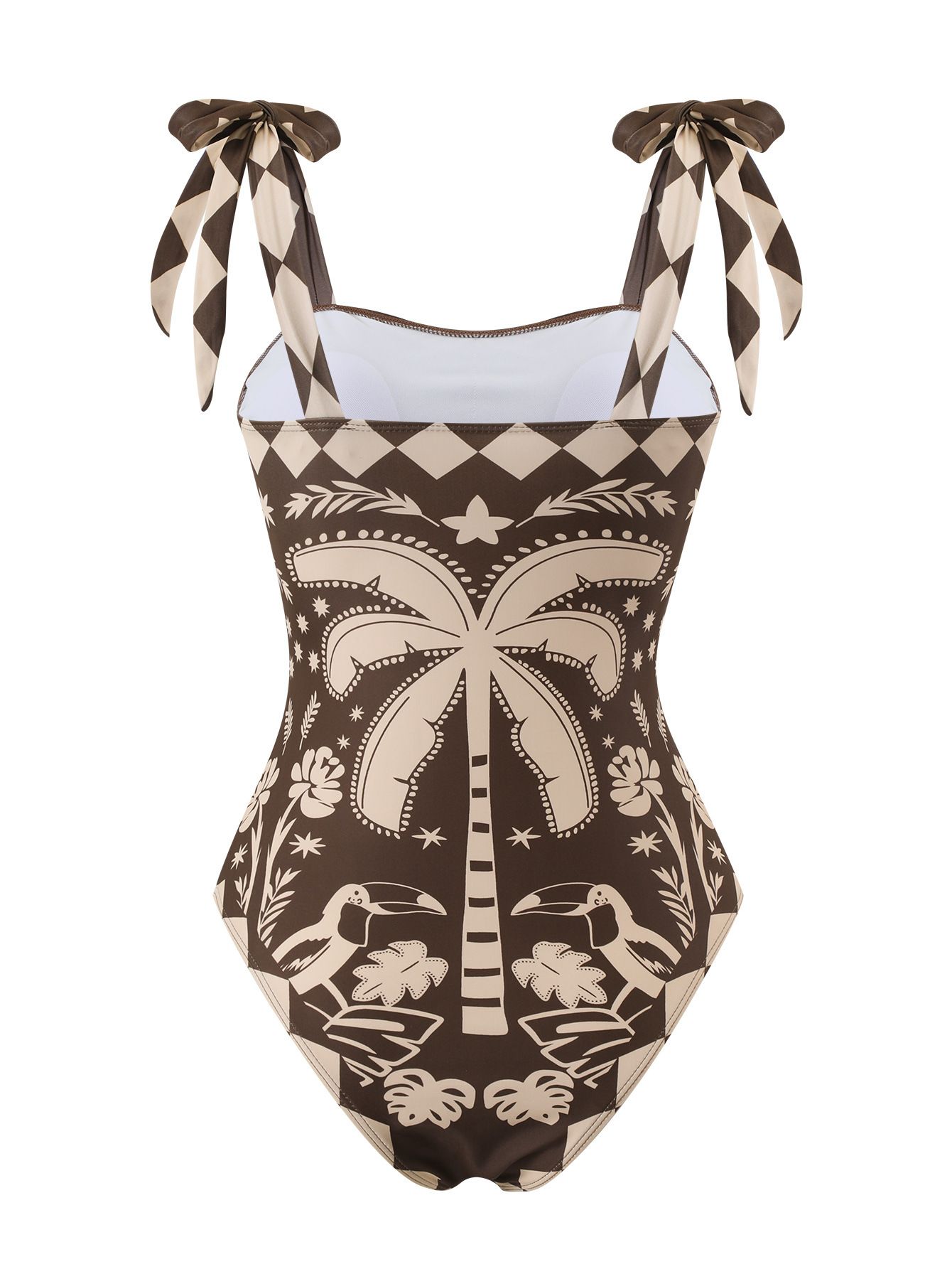 (image for) Women Square Neck Tie Shoulder One Piece Swimsuit with Coconut Palm Geometric Print Wide Leg Pants 2 Piece Premium Resort Beach Swimwear Set