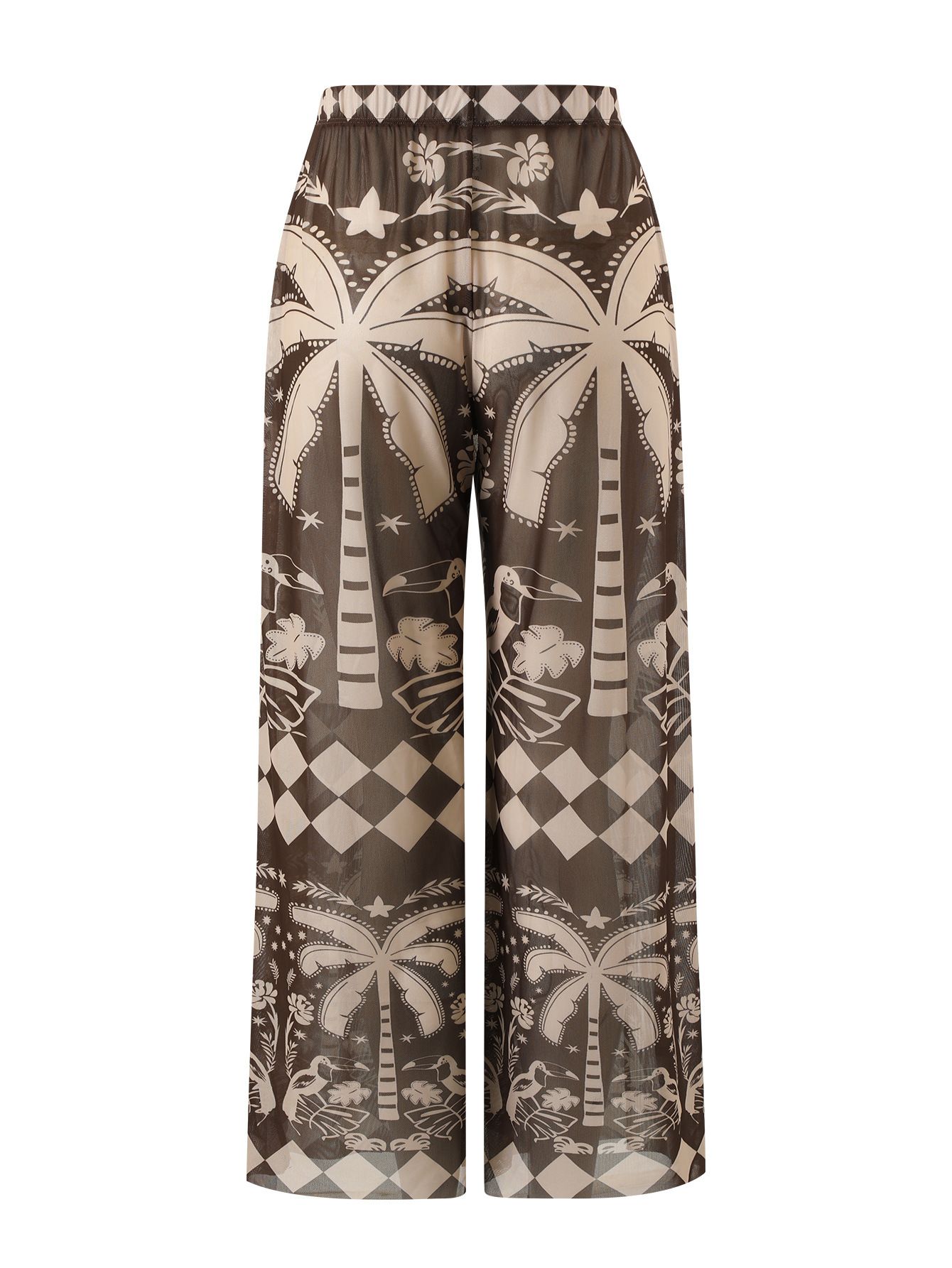 (image for) Women Square Neck Tie Shoulder One Piece Swimsuit with Coconut Palm Geometric Print Wide Leg Pants 2 Piece Premium Resort Beach Swimwear Set