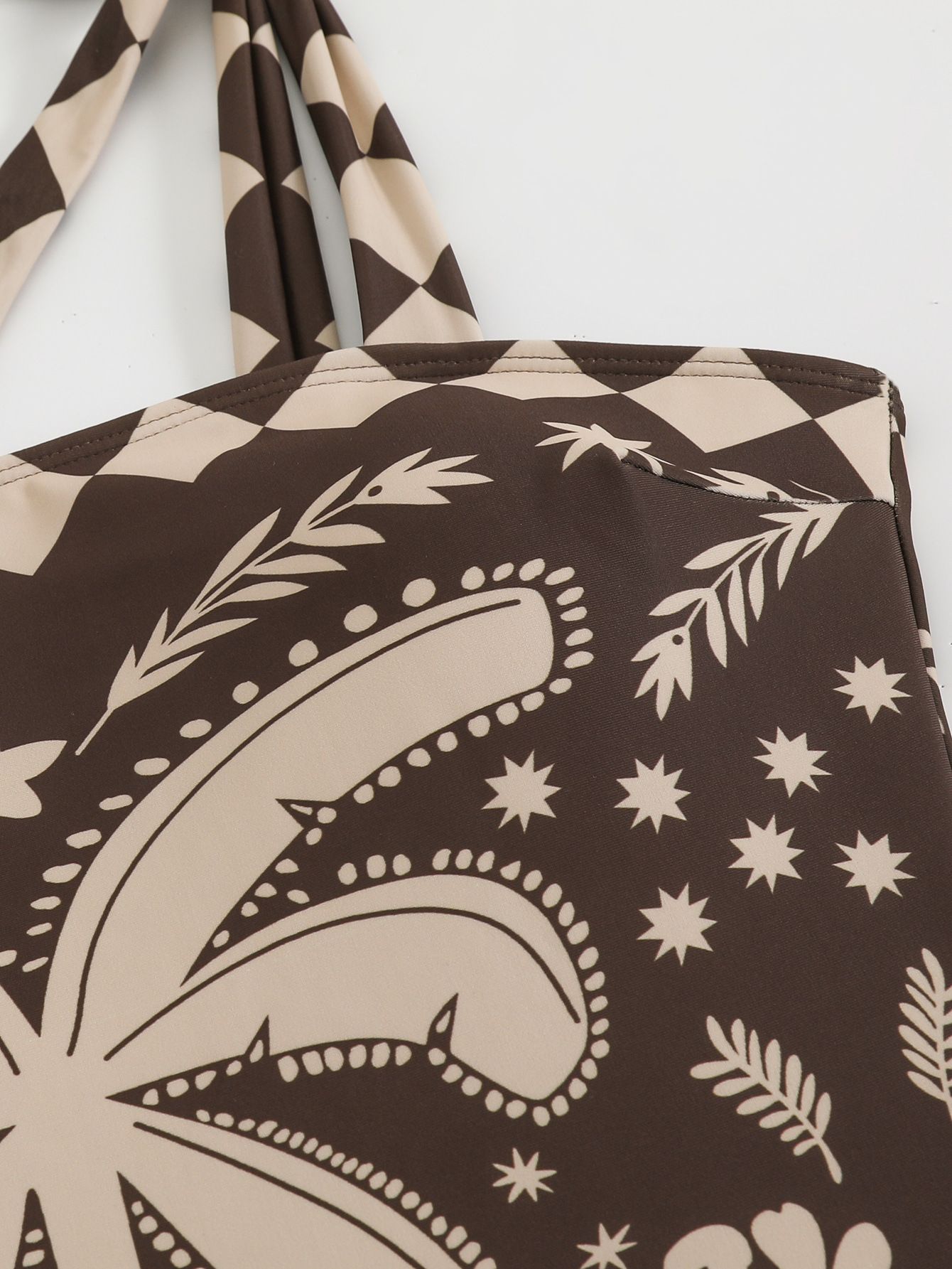 (image for) Women Square Neck Tie Shoulder One Piece Swimsuit with Coconut Palm Geometric Print Wide Leg Pants 2 Piece Premium Resort Beach Swimwear Set
