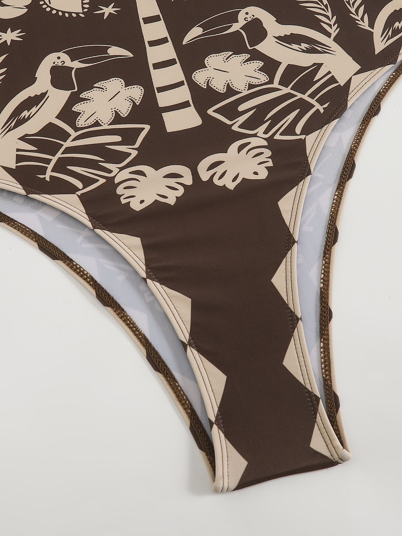 (image for) Women Square Neck Tie Shoulder One Piece Swimsuit with Coconut Palm Geometric Print Wide Leg Pants 2 Piece Premium Resort Beach Swimwear Set